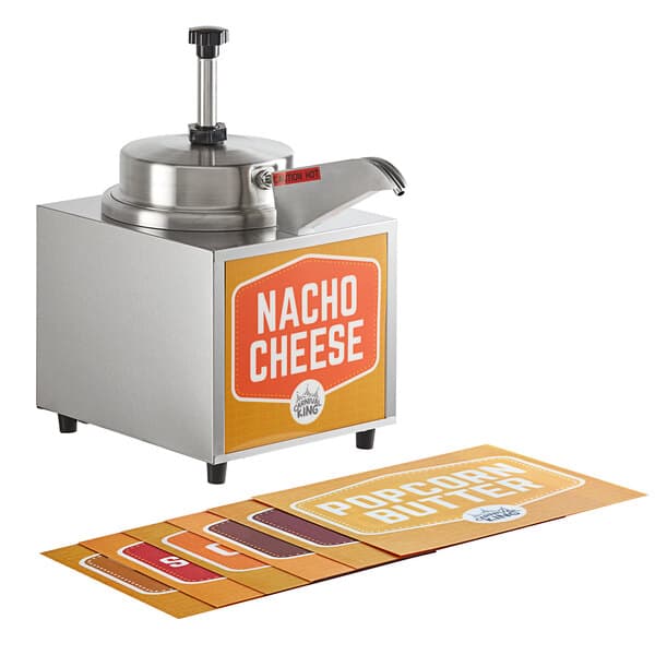 A Carnival King nacho cheese warmer with a heated pump on a school kitchen counter.