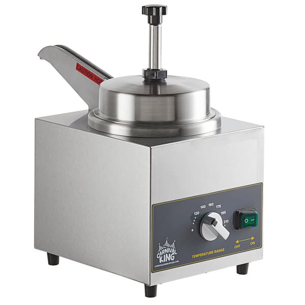 A Carnival King condiment warmer with a heated pump and lid on a counter.