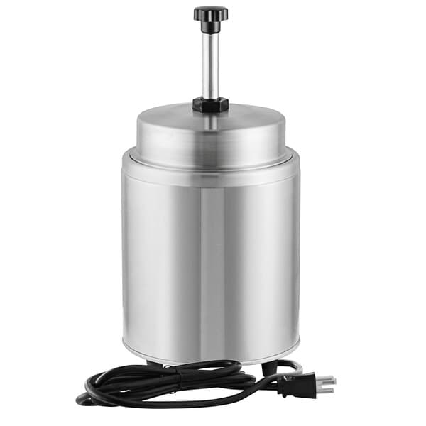 A Carnival King stainless steel condiment warmer with a black pump handle.