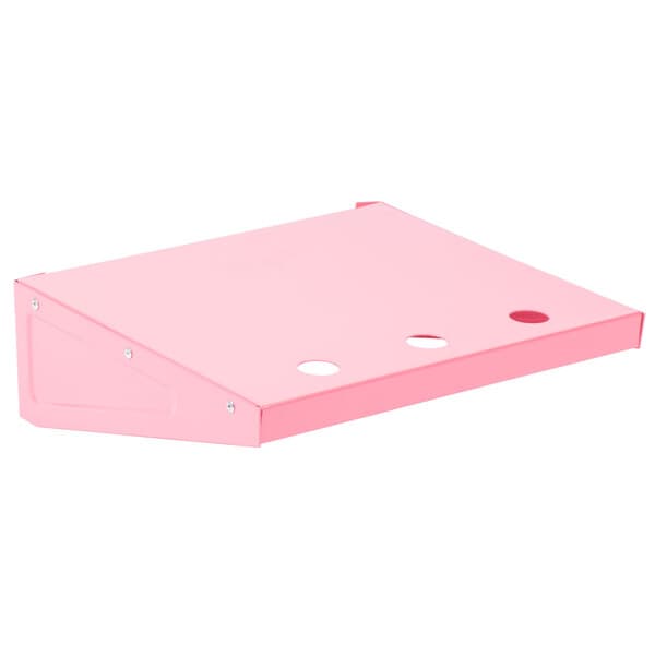 A pink rectangular plastic shelf with holes.