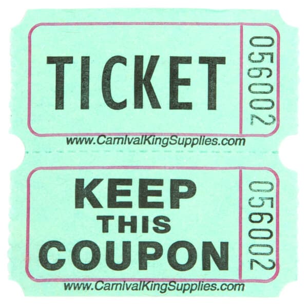A pair of Carnival King green raffle tickets with black text.