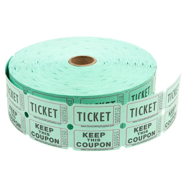 A roll of Carnival King green raffle tickets.