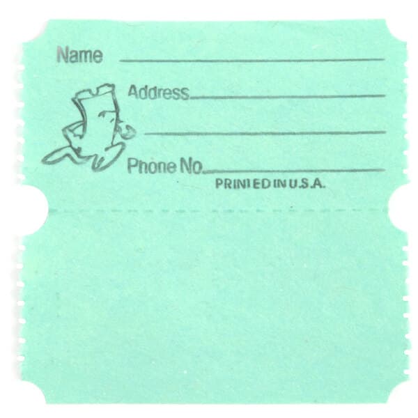 A green Carnival King customizable raffle ticket with a phone number on it.