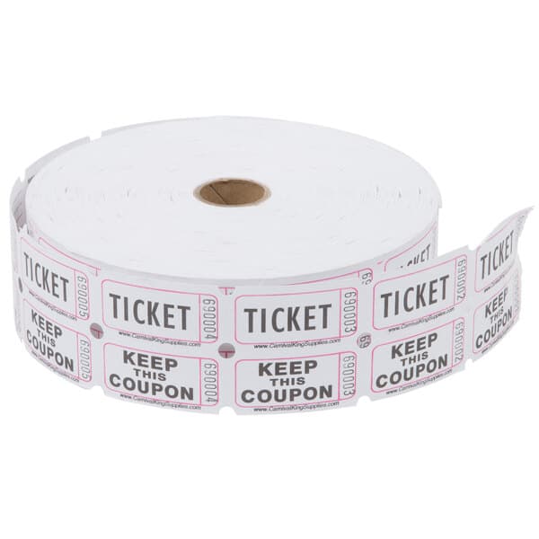 A roll of Carnival King white customizable raffle tickets.