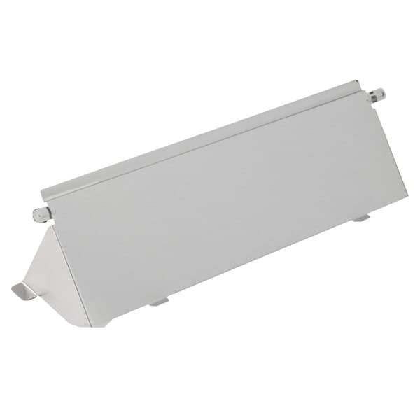 A silver metal rectangular shelf with screws.