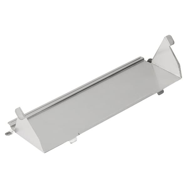 A silver stainless steel drop door with black handles.