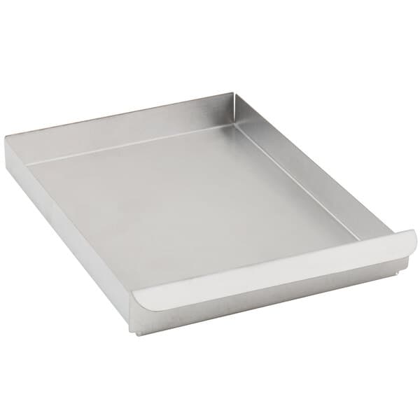 A silver rectangular metal tray with a handle.