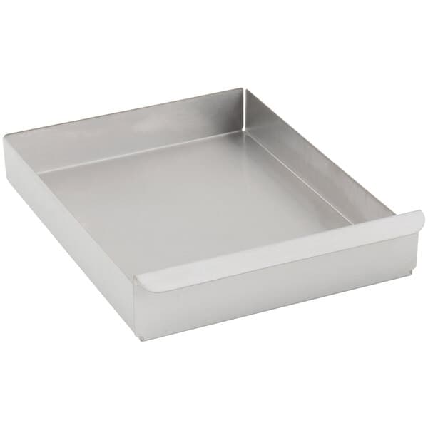 A silver rectangular metal tray with a handle.