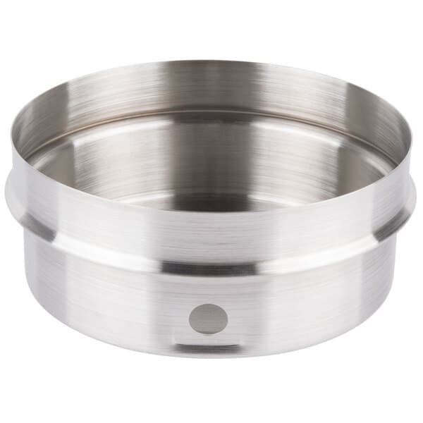 A stainless steel lid with a hole in the center.