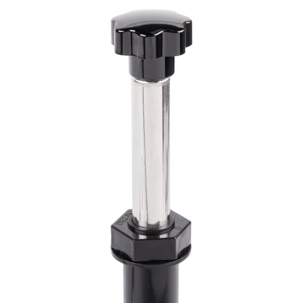 A black and silver Carnival King 3.5 qt. sauce pump cylinder with a black knob on a tube.