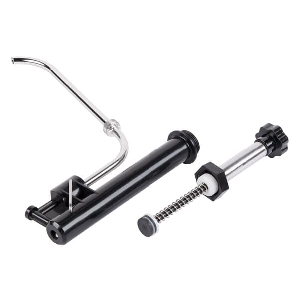 A black and silver metal sauce pump.