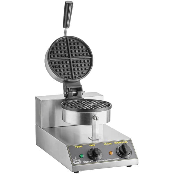 A Carnival King single waffle maker with a metal lid and stand.