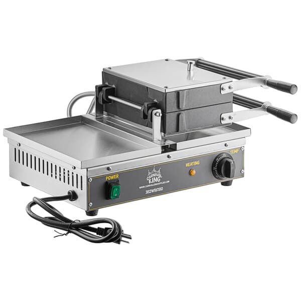 A Carnival King Brussels / Liege style Belgian waffle maker with a black handle and a lid.