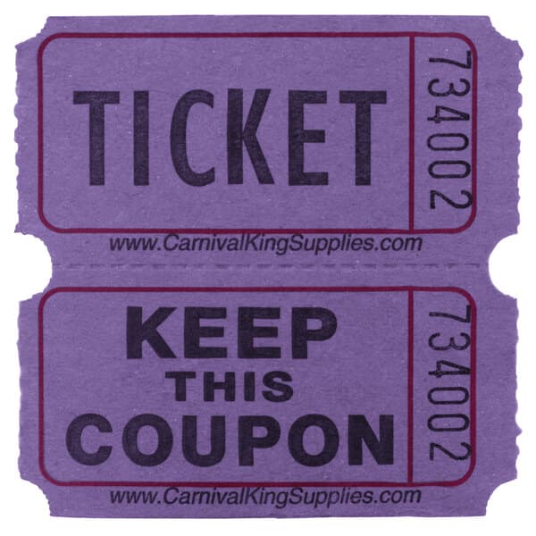 Two purple Carnival King raffle tickets with black text.