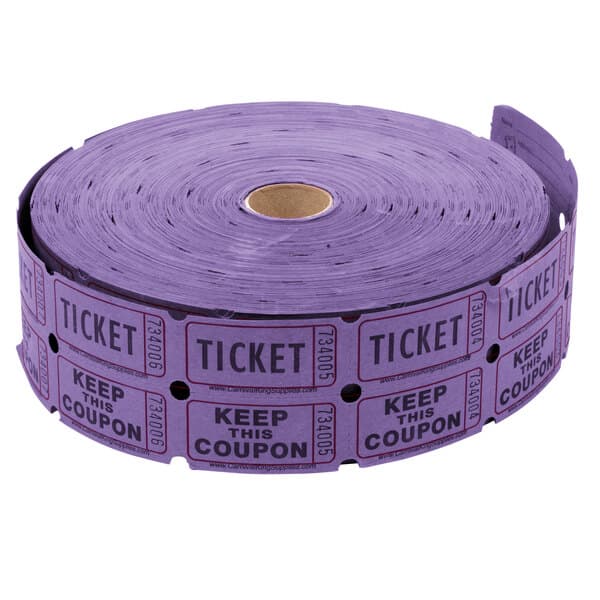 A roll of purple Carnival King raffle tickets.