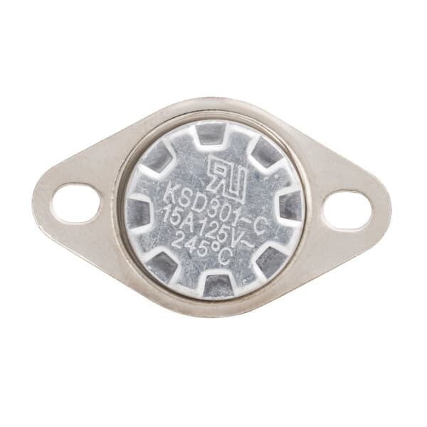 A close-up of a round metal Carnival King kettle thermostat.