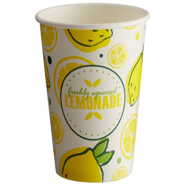 A white paper cup with lemons on it.