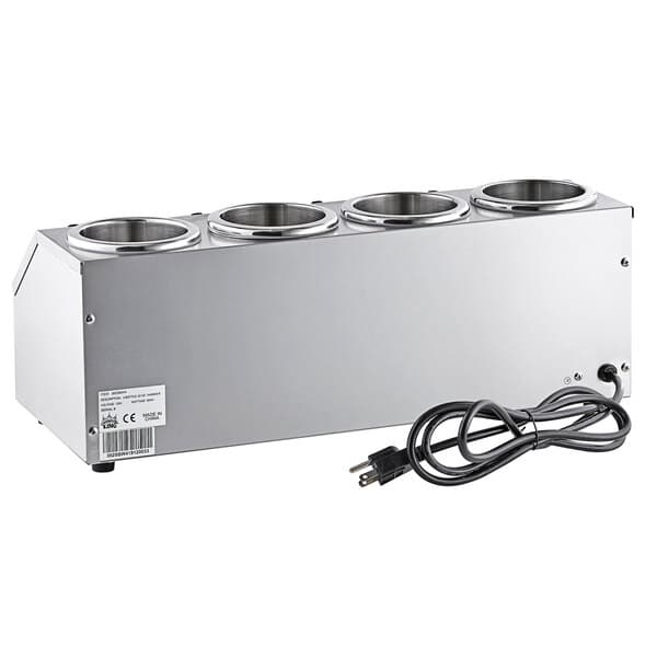 A silver rectangular Carnival King sauce warmer with four cups on a stainless steel hot plate.