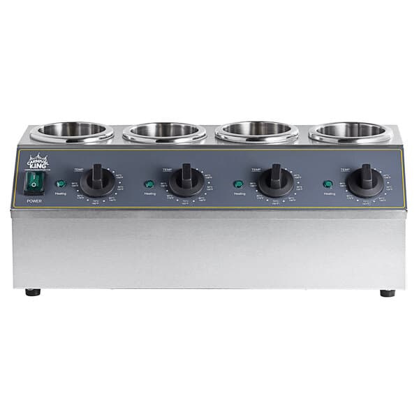 A silver and black Carnival King Quad sauce warmer on a counter.