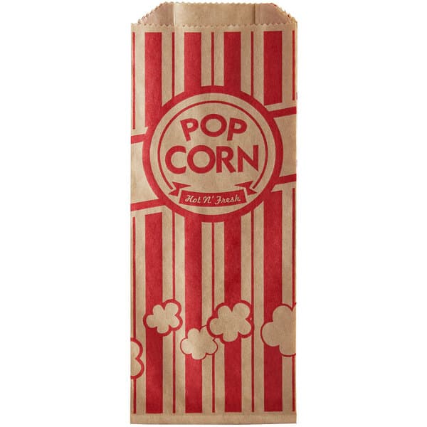 A Carnival King paper popcorn bag with red and white stripes.
