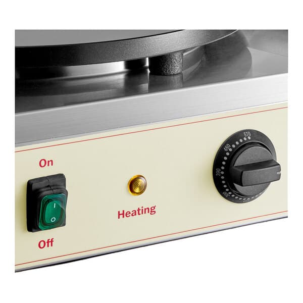 A close-up view of the control panel on a Carnival King TCM16DBL 16-inch dual non-stick crepe maker.