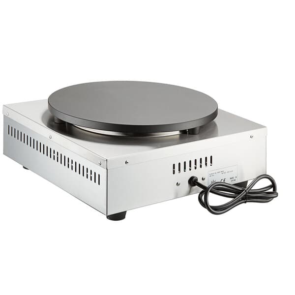 A silver Carnival King 16" Non-Stick Crepe Maker with a black circle on top.