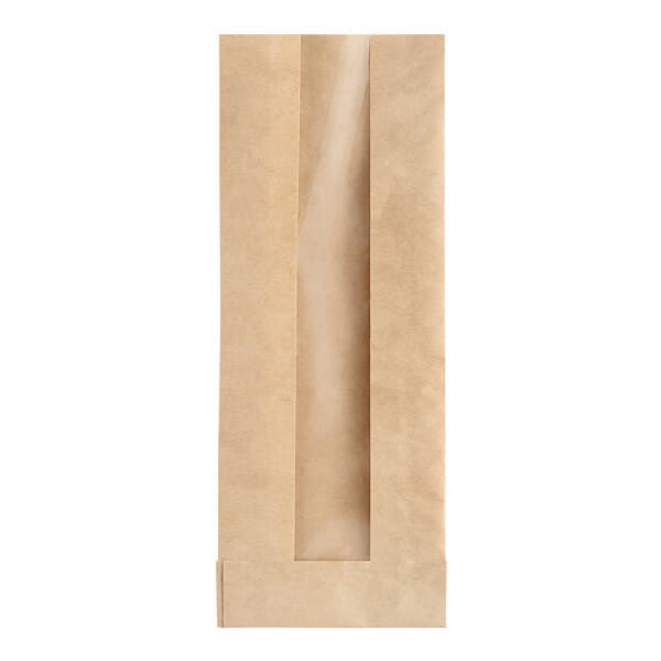 A brown paper bag with a window.