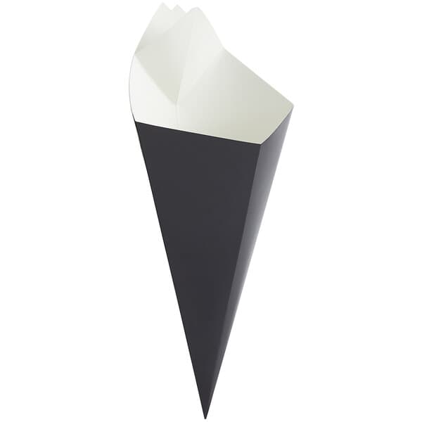 A black cone shaped container with white paper inside.
