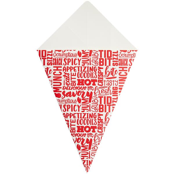 A white paper cone with red text that reads "Savory Fries"