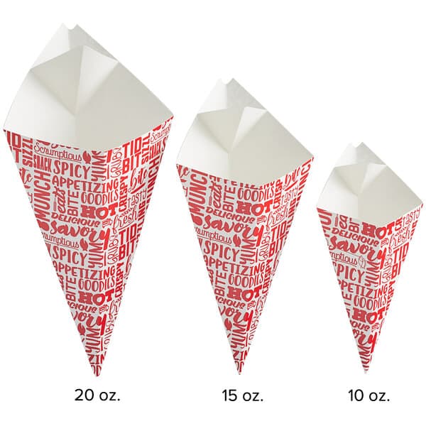 A white and red box of three Carnival King red and white paper fry cones with measurements.