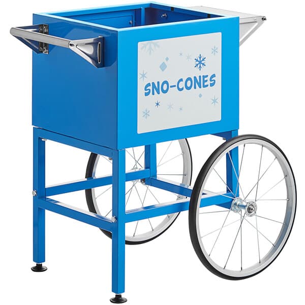 A blue Carnival King cart for Royalty Sno-Cone Machines with wheels.