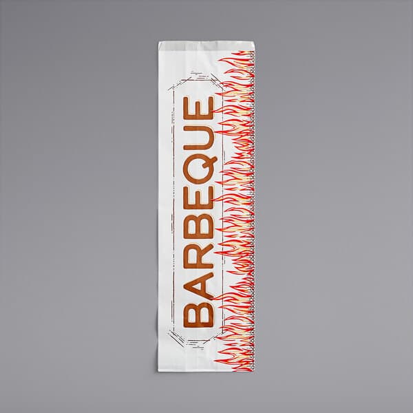 A white paper Choice BBQ bag with orange "barbecue" letters and flames.