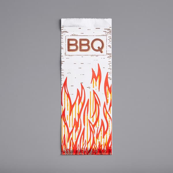 A white Choice BBQ bag with orange and red flames on it.
