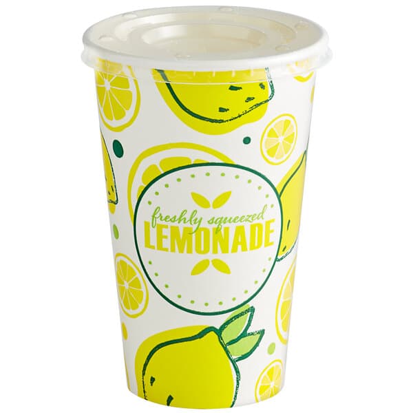A white Carnival King paper cup with lemons and text on it.