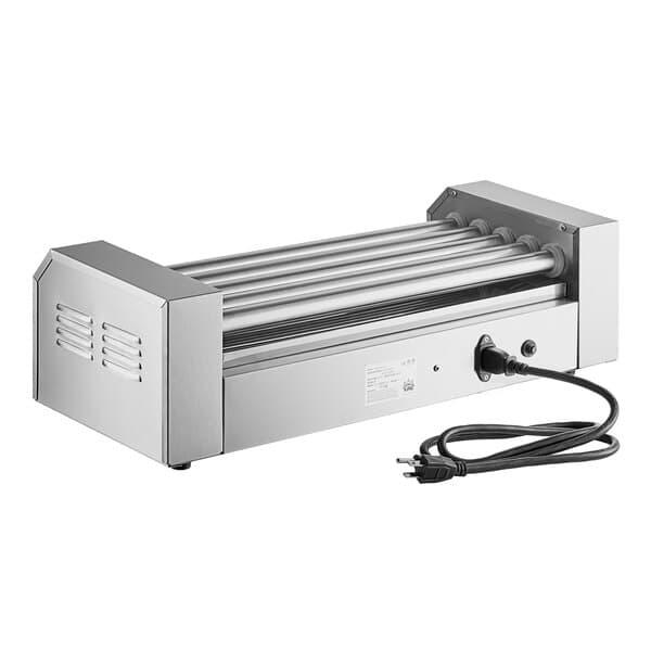 A Carnival King stainless steel hot dog roller machine with a cord.