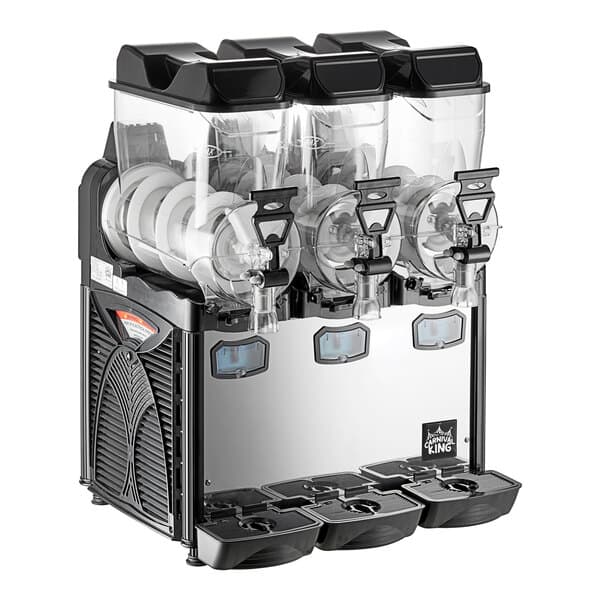 A black and white Carnival King granita machine with clear containers for three different drinks.