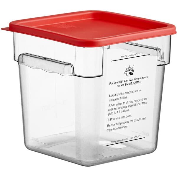 A clear plastic container with a red lid.