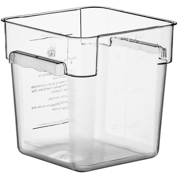 A clear plastic square container with a lid and handle.