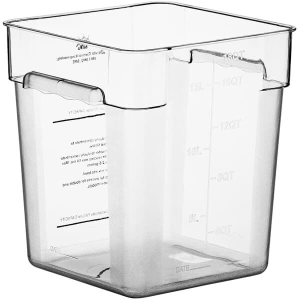 A clear square Carnival King container with a measuring scale.