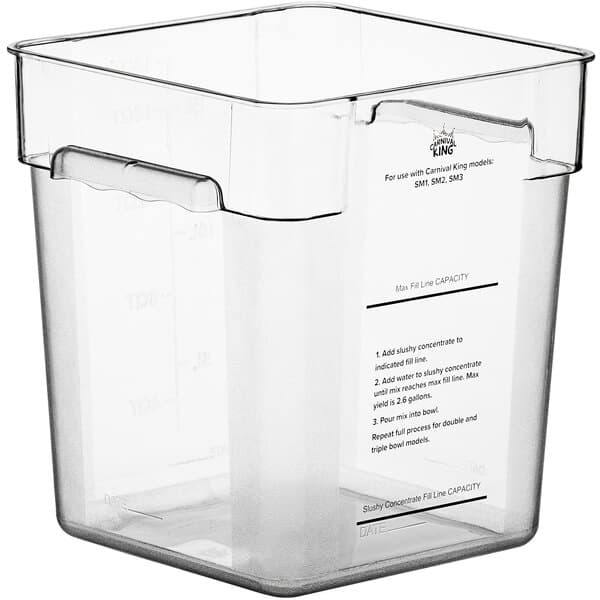 A clear plastic Carnival King slushy mix fill container.