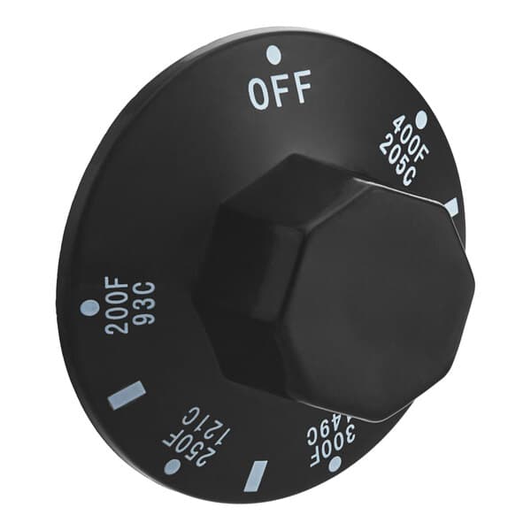 A black Carnival King temperature dial knob with white text that says "off"