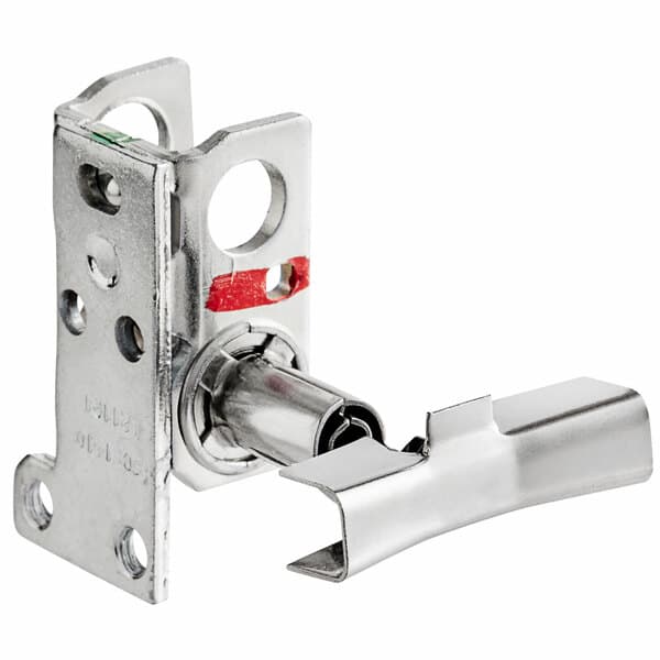A silver metal door hinge with a red metal latch.