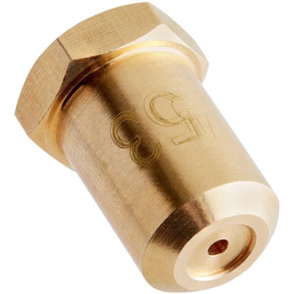 A gold brass Carnival King #53 liquid propane burner orifice with a threaded nut.