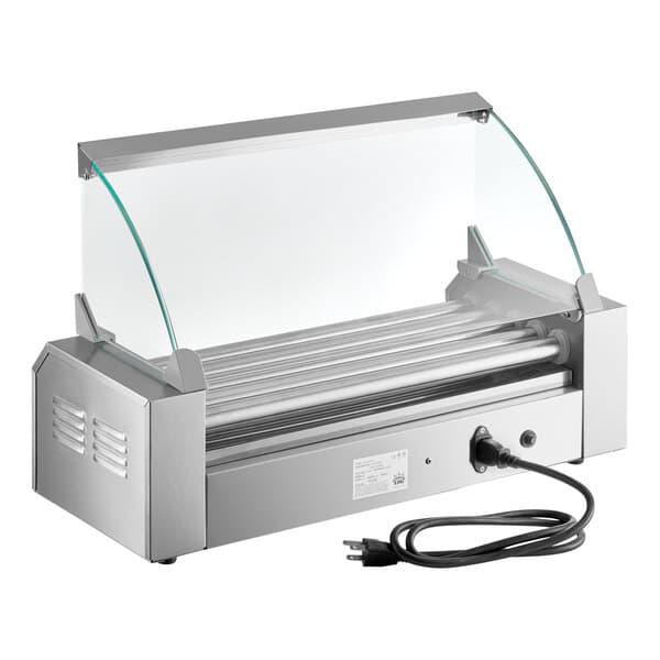 A Carnival King stainless steel hot dog roller with a clear glass cover.