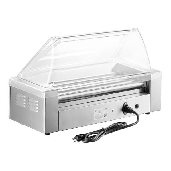A silver stainless steel Carnival King hot dog roller with a clear lid and cord.