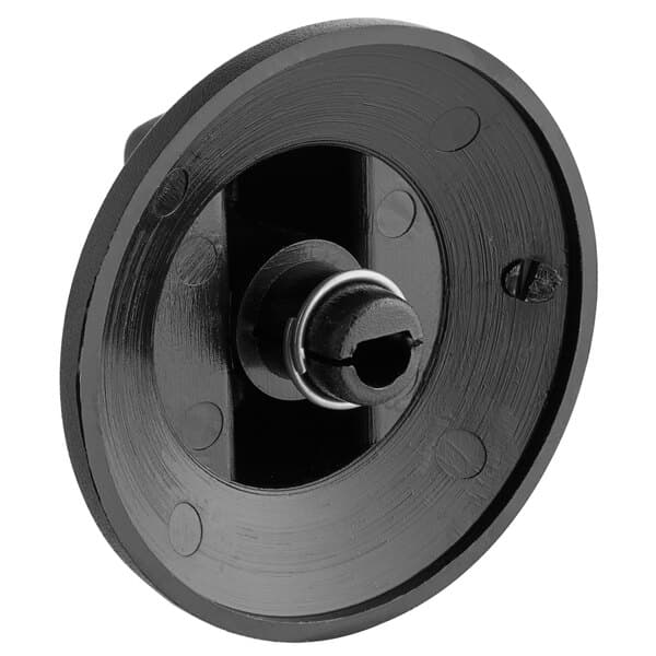 A black plastic round knob with a hole in the center.