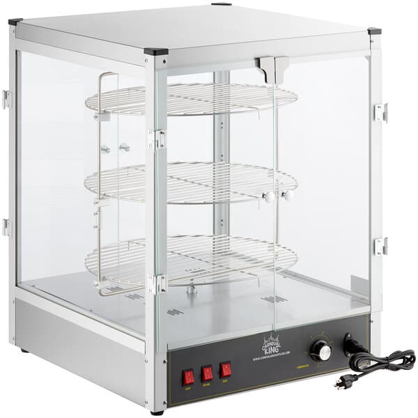 A Carnival King 18" glass and metal pizza display warmer with a glass door.