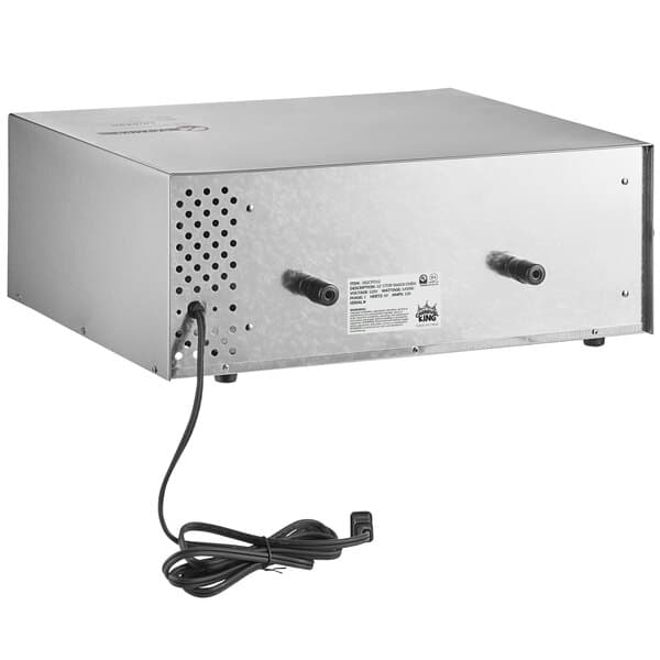 A silver rectangular box with a black power cord.