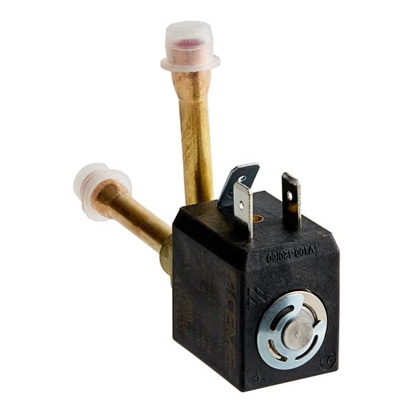 A black electrovalve assembly with a metal tube, round cap, and two wires.