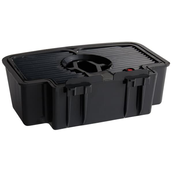 A black plastic container with a hole and a black band.